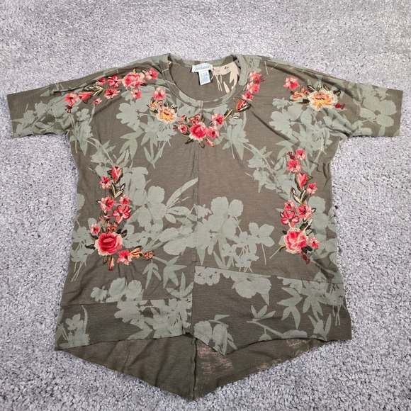 Sundance Shirt Womens Large Green Embroidered Flowers Short Sleeve‎ - Picture 1 of 9